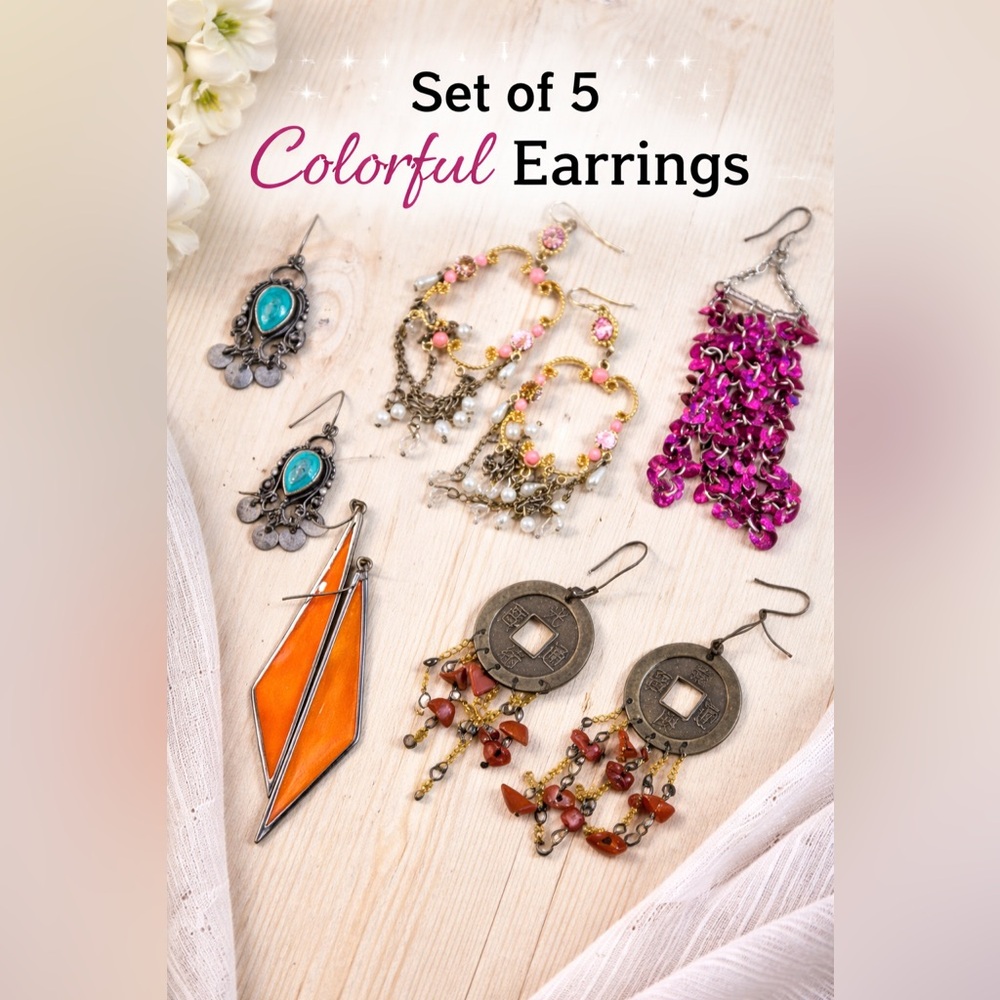 Set of 5 Colorful Statement Earrings Boho Vintage Mixed Dangle BundleY2K